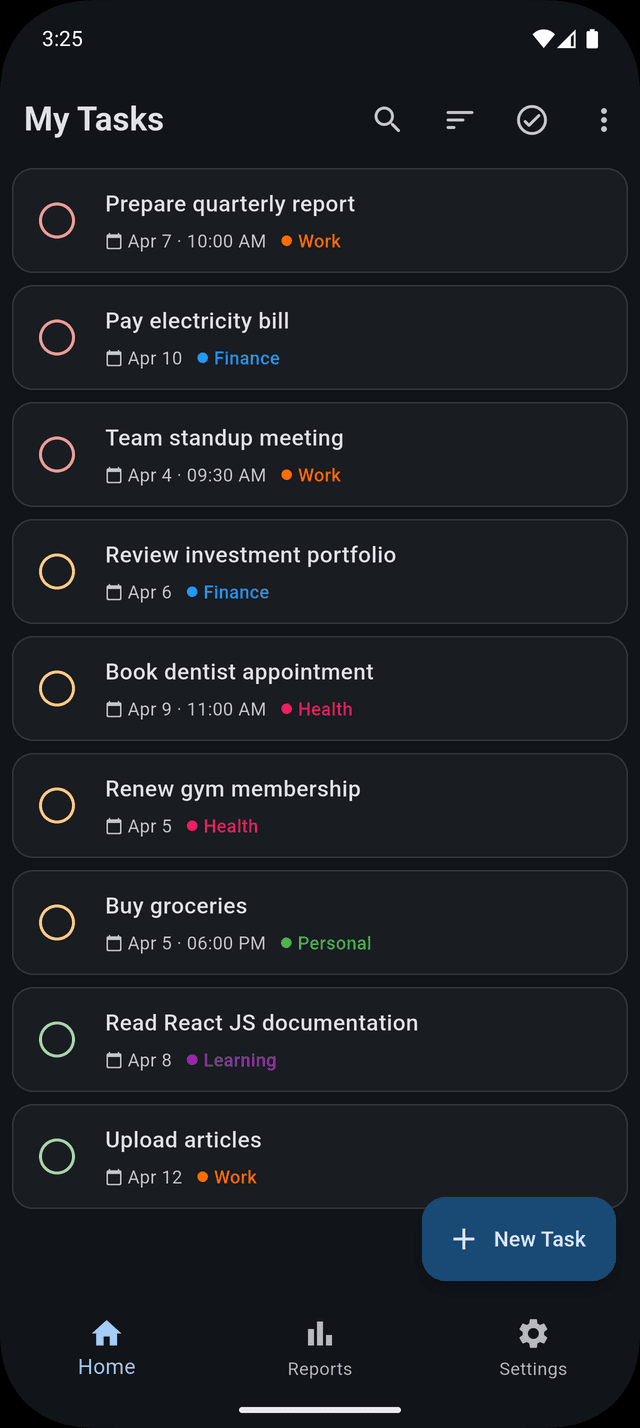 TodoByte home screen showing task list